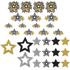 gold and silver stars are arranged in the shape of an arrow on a white background