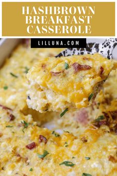 hashbrown breakfast casserole in a white dish with a spoon full of the casserole