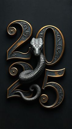 the number twenty five with a snake on it's head in gold and black