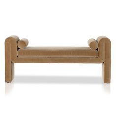 an upholstered bench with two curved arms and buttons on the armrests