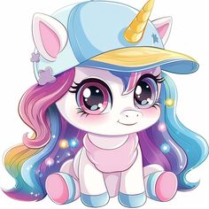 a cute little pony with big eyes and a baseball cap on top of it's head