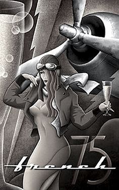 a black and white drawing of a woman holding a wine glass next to a plane