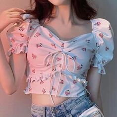 All Products · TeddyLoveEve · Online Store Powered by Storenvy Korean Tops Blouse, Blouse Aesthetic, Summer Blouse Outfit, Teen Crop Tops, Bow Crop Tops, Korean Blouse, Floral Print Crop Top, Korean Japanese, Japanese Harajuku