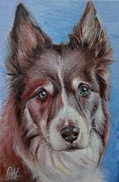 a painting of a dog with blue eyes