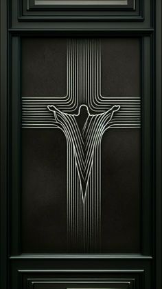 a black door with a white cross on the front and side panels, in an art deco style