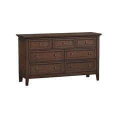 a brown dresser with six drawers and two doors on the top shelf, in front of a white background