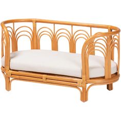 a wooden bench with a white cushion on it