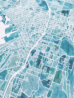 a blue and green watercolor map of the city of washington, d c on white paper