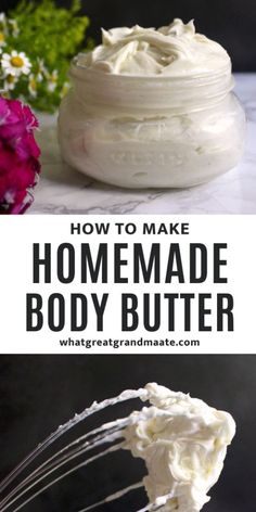 How to make healthy, nourishing body butter with 3 simple ingredients that are skin-safe, chemical-free, and super hydrating! Your dry skin will thank you, and so will your wallet. Winter Body Butter, Homemade Body Wash Recipe, Body Butter Recipe, Candle Making Recipes, Best Body Butter, Homemade Lotion Bars, Handmade Body Butter, Homemade Body Butter, Diy Body Butter