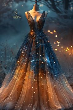 Cosmic Dress, Strange Dream, Starry Night Dress, Ethereal Gown, Orange Dresses, Costume Inspo, Fashion Drawing Dresses, Dress Design Sketches