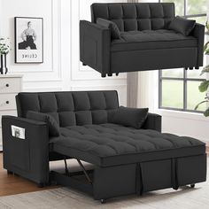 a black futon sofa with pull out bed underneath