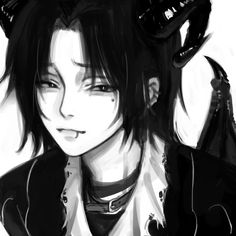 an anime character with black hair and horns on her head, wearing a leather jacket