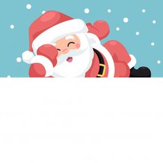 santa claus is peeking out from behind a white board with snow falling down on it