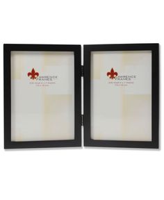 two black and white frames with red fleur de lis on the front, one is