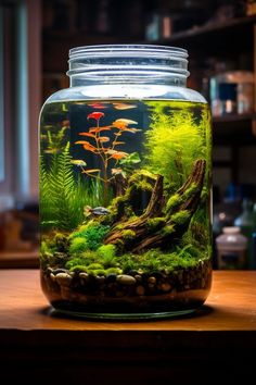 a jar filled with water and plants on top of a table