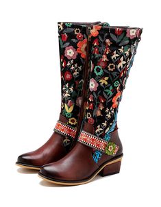 Handmade Floral Vintage Long Boots 36-42 — Obiono Bohemian Knee-high Leather Boots, Bohemian Mid-calf Boots With Round Toe For Fall, Bohemian Leather Knee-high Boots, Bohemian Brown Winter Boots, Bohemian Mid-calf Boots For Fall, Winter Festival Mid-calf Boots, Bohemian Leather Boots For Winter, Bohemian Knee-high Boots For Fall, Bohemian Multicolor Boots For Festivals