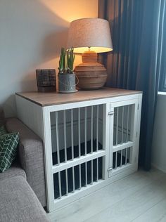 Create a haven of comfort and relaxation for your furry friend with our inviting Cozy Cabins, offering ultimate warmth, plushness, and serenity for your canine companion. Hide Dog Kennel, Diy Dog Crate Desk, Dog Area In Living Room, Homemade Dog Crate, Pet Room Ideas Cats, Indoor Dog Area Ideas, Dog Crate Aesthetic, Dog Cage Decoration Ideas