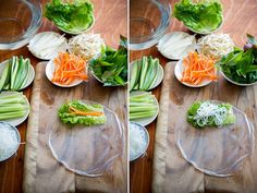 two pictures show the process of making salads with lettuce, carrots and celery