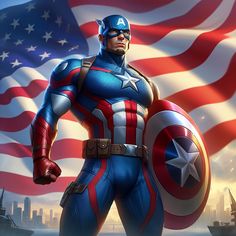 captain america standing in front of an american flag