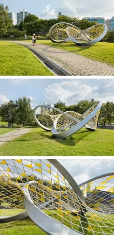 four different views of the park with people walking and sitting on benches in front of it