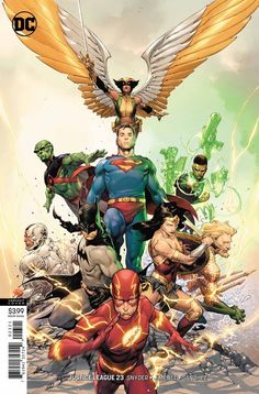 the cover to dc's new 52 - page comic book, featuring many superheros