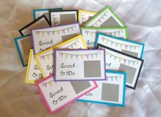 there are many different colored frames with bunting and flags on the edges that say scratch & twine