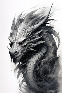 a black and white drawing of a dragon with red eyes on it's head