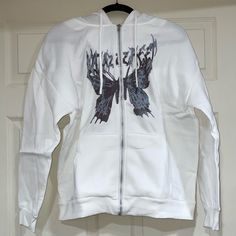 Butterfly Design On Front Of Jacket White Color Long Sleeves Two Front Pockets Full Front Zip Closer Adjustable Drawstring Hoodie Size Xxl Never Worn, Nwot Y2k Cotton Outerwear For Streetwear, Y2k Letter Print Hoodie Outerwear, Spring Hoodie Jacket With Letter Print, Spring Hoodie With Letter Print, Y2k Streetwear Hooded Outerwear, Spring Hooded Jacket With Letter Print, Y2k Hooded Streetwear Outerwear, Y2k Hooded Outerwear For Streetwear, Y2k Long Sleeve Sweatshirt For Spring