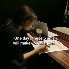 a woman sitting at a desk with a laptop computer on her lap and the caption reads, one day, these 5 ams will make you a legend