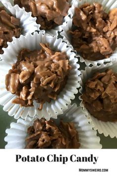 chocolate cupcakes with peanut butter frosting on top and the words potato chip candy above them