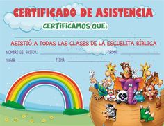 a certificate for children to be awarded with animals on the boat and rainbow in the background