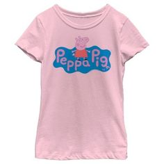 Join Peppa and her family and friends for adventures, friendships, learning, and more, with fun new officially licensed apparel for the whole family from the long-running British animated children's series Peppa Pig! This cute Peppa Pig Blue Logo Girls' Pink Graphic T-Shirt features the animated children's series Peppa Pig's Logo in blue across the front. Get your very own Peppa Pig tee today and get in on all the fun! Character Style Cotton Short Sleeve Tops, Cotton Character T-shirt With Crew Neck, Character Cotton T-shirt Crew Neck, Character Crew Neck Cotton T-shirt, Peppa Birthday, Peppa Pig Outfit, Pig Logo, Pig Girl, Pepa Pig