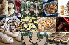 a collage of pictures with cookies, cookies and desserts on display in front of a christmas tree