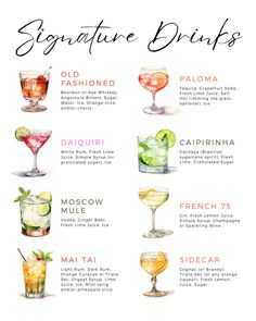 the different types of cocktails are shown in this poster