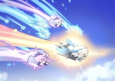 three pokemon flying through the air with their tails out and one has his eyes closed