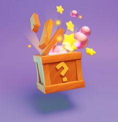 an orange box filled with different objects on top of a purple surface and stars above it