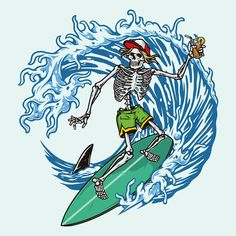 a skeleton surfing on a surfboard in the ocean