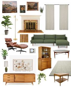 a collage of living room furniture and decor