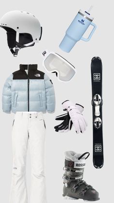 a snowboarder's gear including skis, boots and water bottle is shown