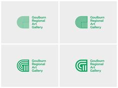 four logos designed for the goulburn regional art gallery, including one that is green and