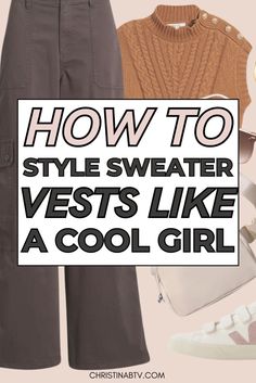 Wondering How to Style a Women's Vest for the perfect fall or winter look? This Women's Fashion guide shares stylish outfit ideas that make layering easy. Whether you're going for a casual vibe or a more put-together look, these tips will help you style a Women's Vest with confidence and flair. Business Casual Sweater Vest Outfit, High Neck Sweater Vest Outfit, Tan Sleeveless Sweater Outfit, Olive Green Sweater Vest Outfit, How To Style Oversized Sweater Vest, What To Wear With Sweater Vest, Styling A Sweater Vest Women, How To Wear Sleeveless Sweater, Turtleneck With Vest Outfit