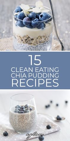 blueberries and chia pudding in a glass jar with the title 15 clean eating chia pudding recipes