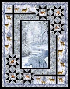 a quilt with animals on it in the snow near a river and trees, along with a black border