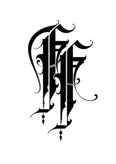 the letter f is made up of ornate scrolls and letters that are black on white