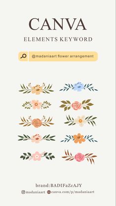 Canva Elements Keywords for flower arrangement. Element related to flower, floral, arrangement, flower bouquet. You can make any design with your chosen element. Find them on Canva! Click on the picture to get the elements! Copy & paste in Canva Search for more ELEMENTS FROM ME: artist:madaniaart || Canva Keyword || Canva Elements Keyword || Canva Element Ideas || Canva || Flower Arrangement || Floral || Flower || Flower Bouquet Canva Learning, Canva Keywords Elements, Flower Arrangement Wedding, Canva Keywords, Canva Frames, Arrangement Flower, Online Scrapbook, Canva Tips