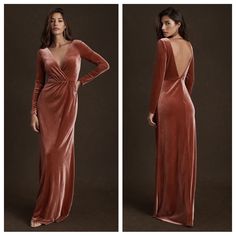 two pictures of a woman in a long dress and one is wearing an open back gown