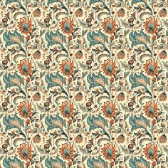 an abstract floral pattern in blue, orange and beige