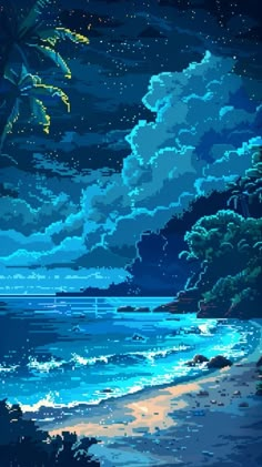 a painting of the ocean at night with stars and clouds