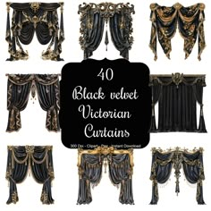 black velvet victorian curtains with gold trims and draperies on the top, below them