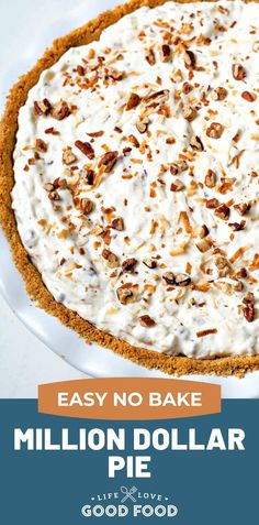 an easy no bake million dollar pie with white frosting and pecans on top